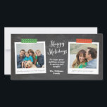 Deux Photo Washi Tape Chalkboard Carte photo de va<br><div class="desc">Cette carte de vacances de Noël à la mode et économique comprend deux de vos photos préférées dans des cadres de style avec ruban lavi à motifs dans joyeux rouge et vert contre un arrière - plan de tableau noir. N'oubliez pas de personnaliser avec vos propres légendes photo, le texte...</div>