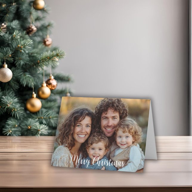 Deux photos Joyeux Noël Carte pliée (Two Photo Christmas Card Folded with Merry Christmas words on front. Can be edited. Message inside)