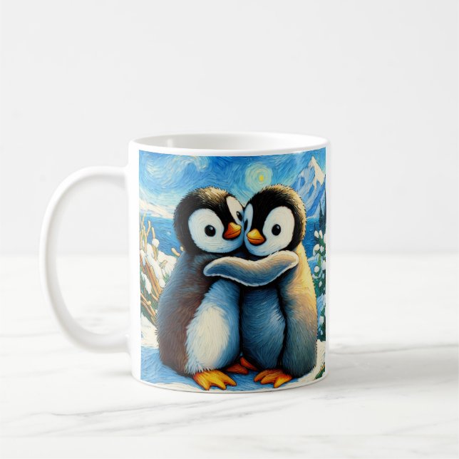 Deux pingouins heureux pieds serrés café tasse de  (Gauche)