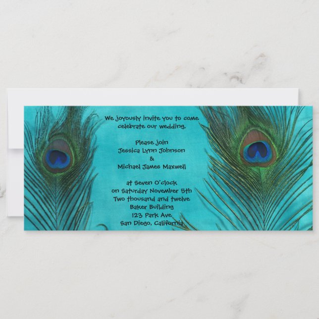 Deux plumes Aqua Peacock Faire-part de mariage (Devant)