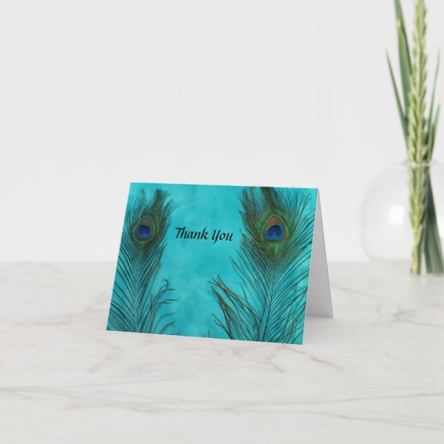 Deux Plumes Aqua Peacock Mariage Merci Cartes (Devant)