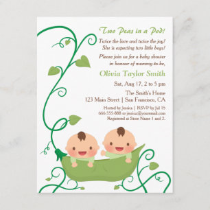 Deux pois dans des invitations d'un baby shower de
