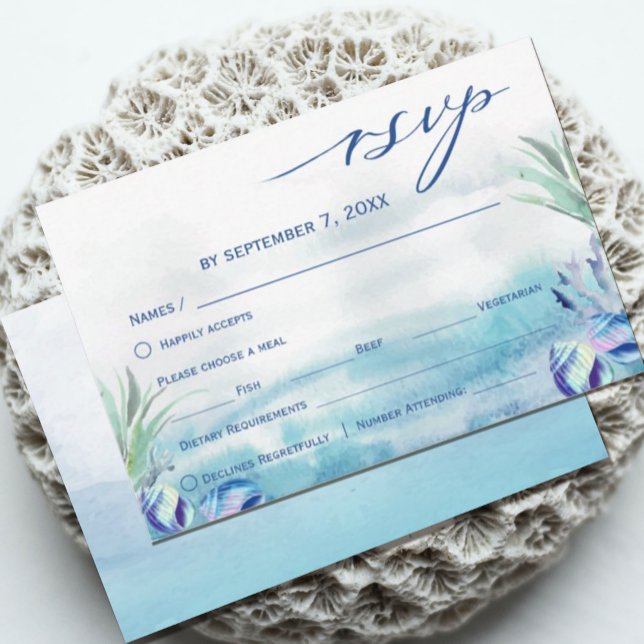 Deux poissons en moins dans la mer Mariage d'été c (This wedding RSVP card features a watercolor teal ocean and dreamy design. )