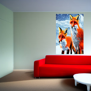 Deux renards rouges dans la neige AI Art Poster