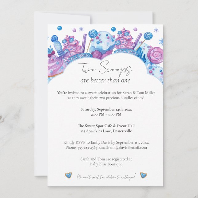 Deux Scoops Sweet Twin Baby shower Invitation (Devant)