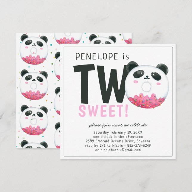 Deux Sucrés | Invitation d'anniversaire Panda Donu (Devant / Derrière)
