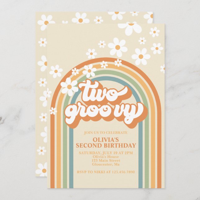 Deux Super Retro Rainbow Daisy Invitation Annivers (Devant / Derrière)