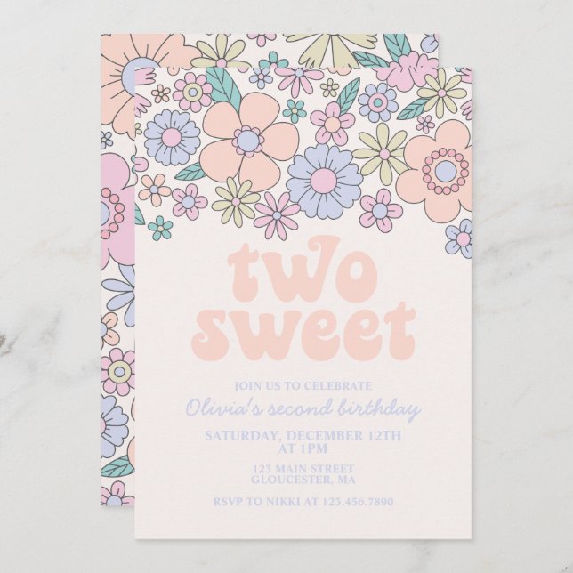 Deux Sweet Retro Floral 2e anniversaire Invitation (Devant / Derrière)