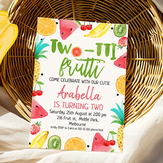 Deux-tii Frutti 2e invitation d'anniversaire (Colorful Twotii Frutti 2nd Birthday Invitation Girl, Two-tii Frutti Second Birthday Invite, Tropical)
