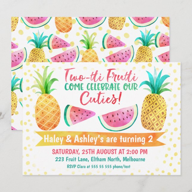 Deux Tii Frutti Girl Twins Anniversaire Invitation (Devant / Derrière)