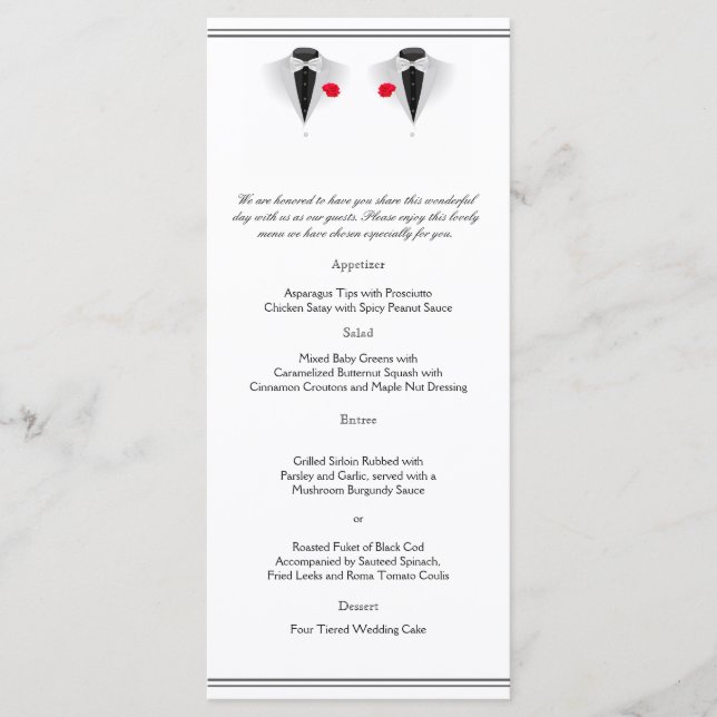 Deux Tuxedos sur le menu blanc Mariage gay (Devant)