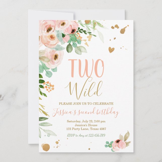 Deux Wild 2e Invitation Anniversaire Floral Rose G (Devant)