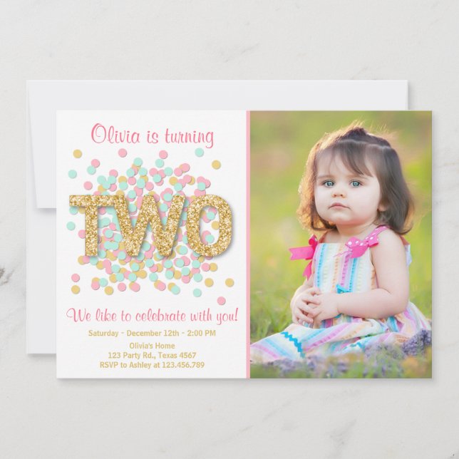 Deuxième Invitation Anniversaire Girl Pink Gold Mi (Devant)