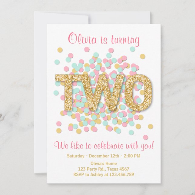 Deuxième Invitation Anniversaire Girl Pink Gold Mi (Devant)