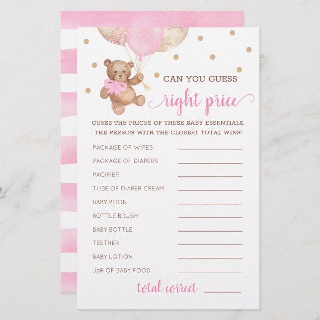 Devinez juste prix jeu Baby shower Teddy Bear (Devant / Derrière)