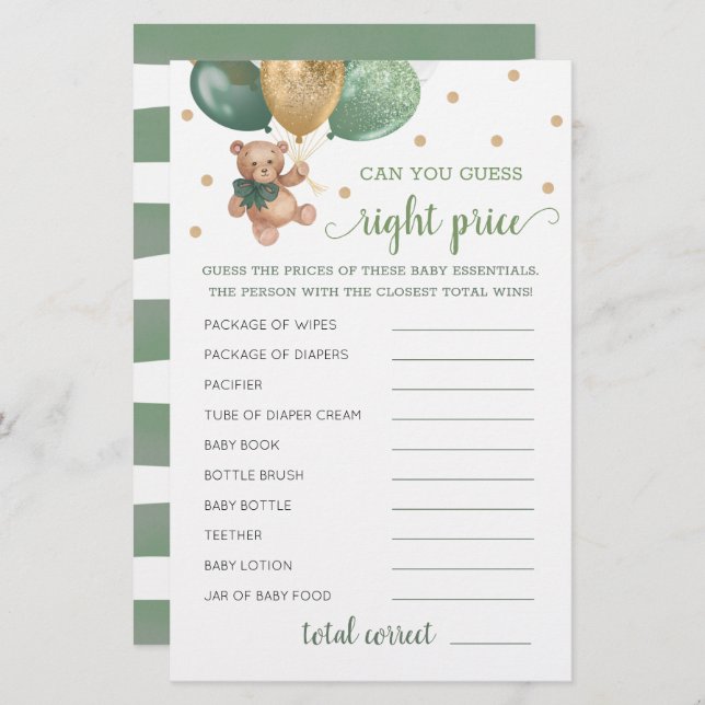 Devinez juste prix jeu Baby shower Teddy Bear (Devant / Derrière)
