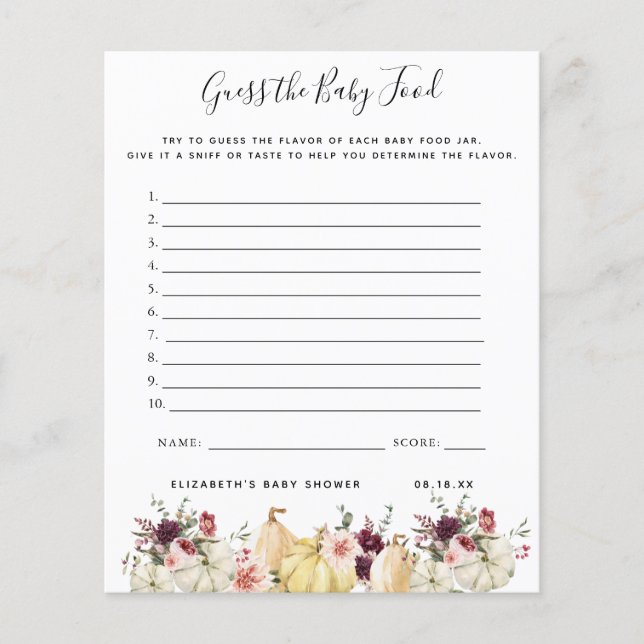 Devinez la nourriture pour bébés | Jeu Baby shower (Devant)