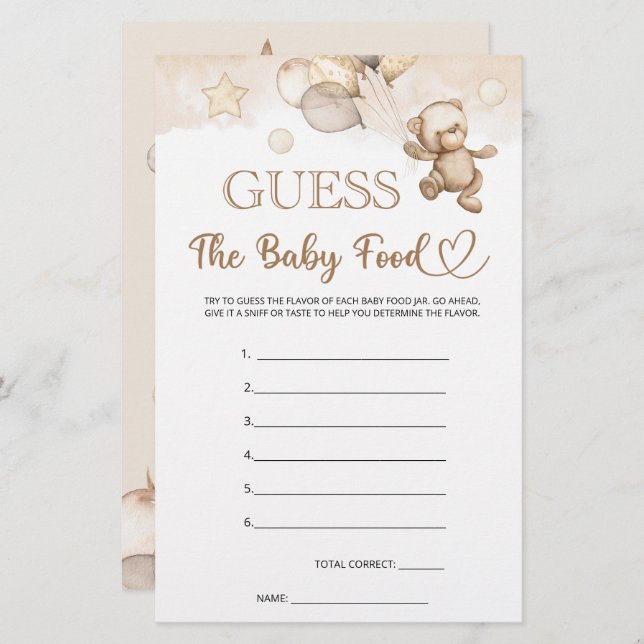 Devinez Le Baby Food Baby Bear Baby shower Jeu (Devant / Derrière)