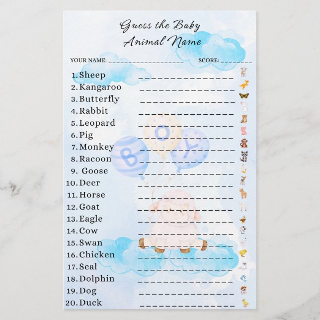 Devinez le Baby shower de jeu animal bébé (Devant)
