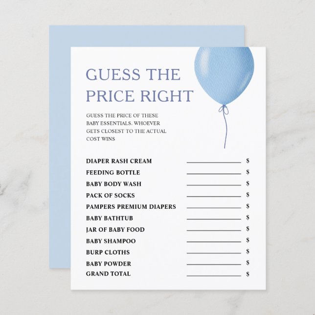 Devinez Le Prix Blue Balloon Boy Baby shower Jeu (Devant / Derrière)