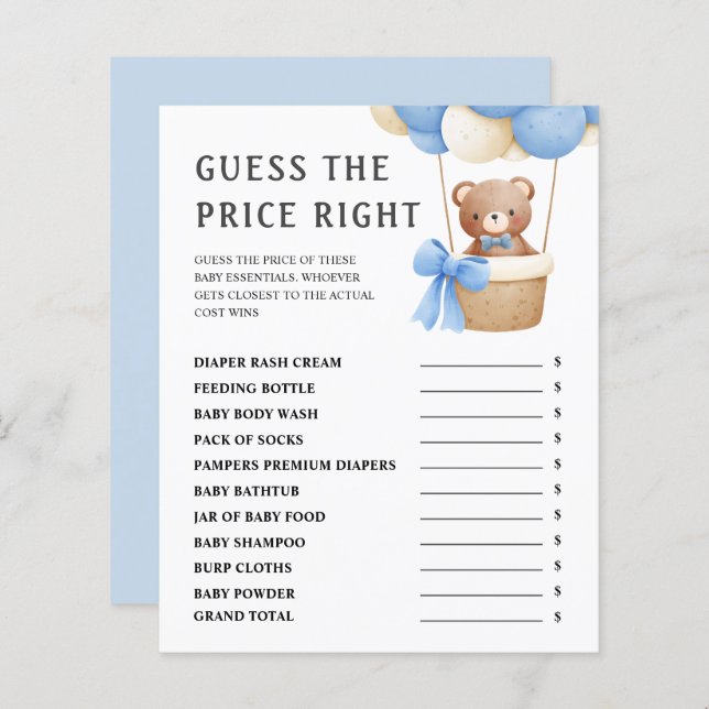 Devinez Le Prix | Jeu de Baby shower de l'ours en  (Devant / Derrière)