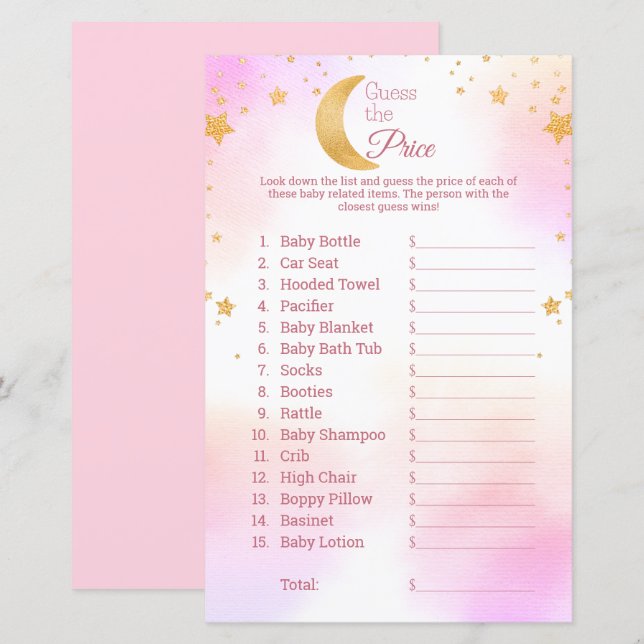 Devinez le prix Lune étoiles Baby shower rose jeu (Devant / Derrière)