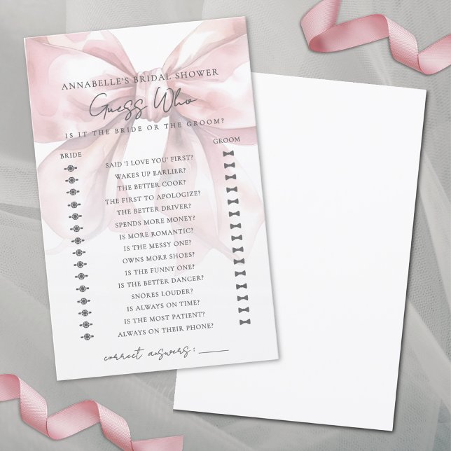 Devinez Qui Blush Pink Bow Fête des mariées Jeu (Guess Who Blush Pink Bow Bridal Shower Game)