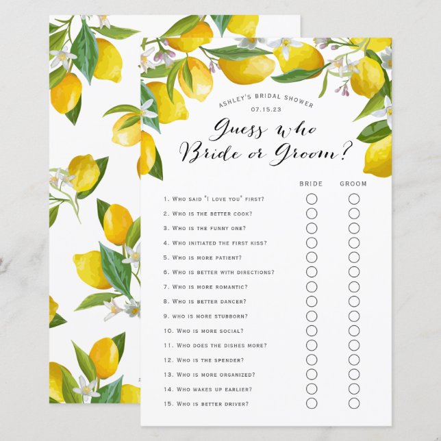 Devinez qui, citron nuptiale jeux de douche (Devant / Derrière)