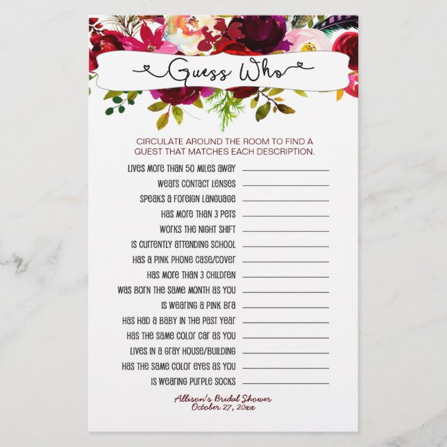 Devinez qui + jeux de téléphone, bordeaux floral 3 (Devant)