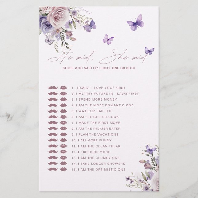 Devinez Qui L'A Dit Mauve Butterfly Game Card (Devant)