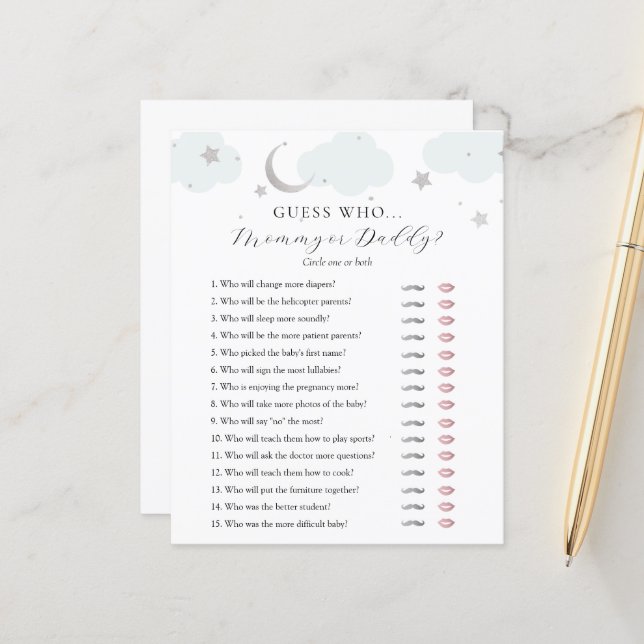 Devinez Qui maman ou papa Baby shower carte de jeu (Devant/Arrière en situation)