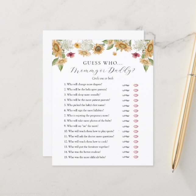 Devinez Qui maman ou papa Baby shower carte de jeu (Devant/Arrière en situation)