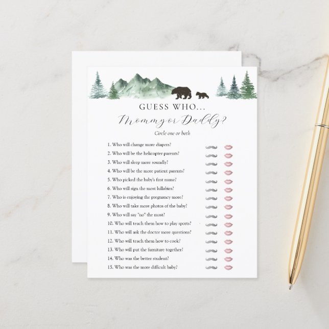 Devinez Qui maman ou papa Baby shower carte de jeu (Devant/Arrière en situation)