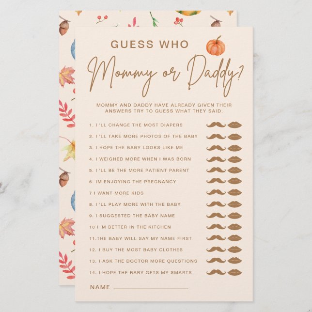 Devinez Qui Maman Ou Papa Baby shower Citrouille J (Devant / Derrière)