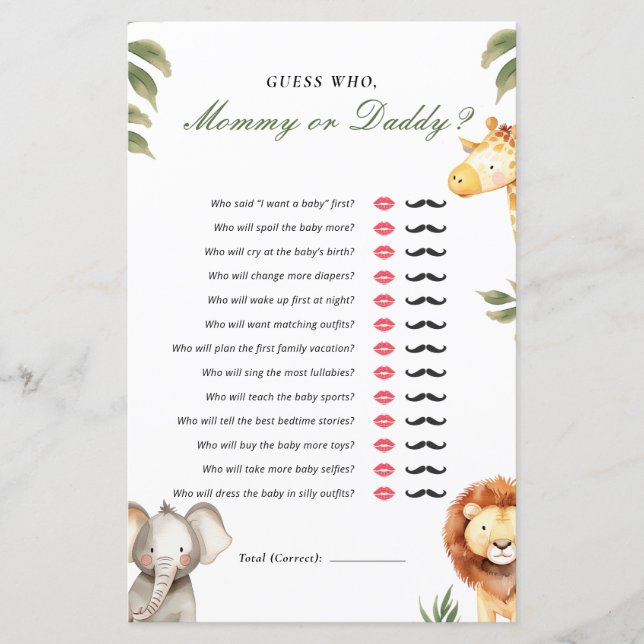 Devinez qui maman ou papa Baby shower Safari jeu (Devant)