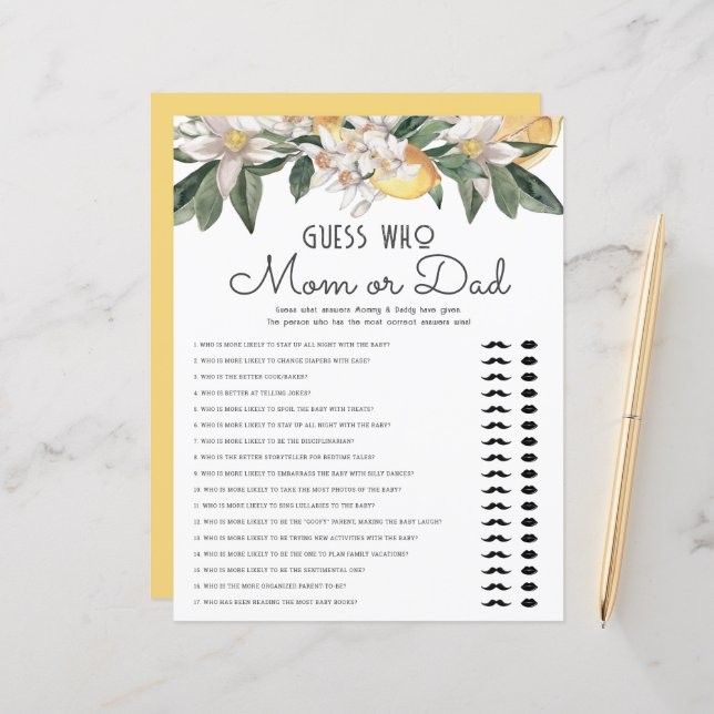 Devinez Qui Maman Ou Papa Citron Baby shower Citru (Devant/Arrière en situation)