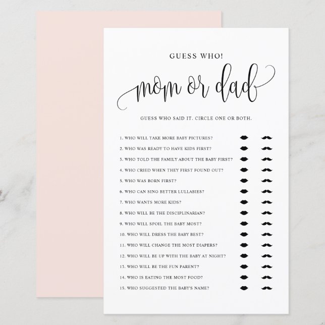 Devinez Qui Maman ou Papa Jeu Baby shower de scrip (Devant / Derrière)