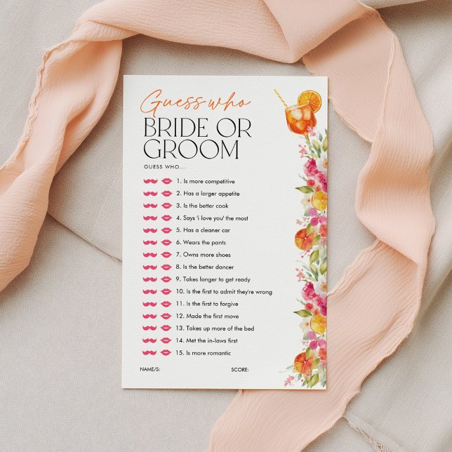 Devinez qui Mariée ou Marié Spritz Jeu de Baby Sho (Guess Who Bride or Groom? Love at First Spritz | Floral Citrus )