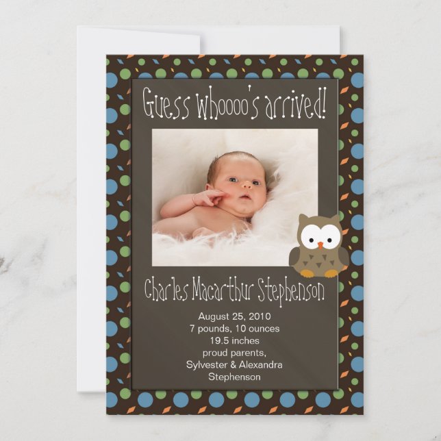 Devinez Whoooo's Arrived Baby Boy Faire-part de na (Devant)