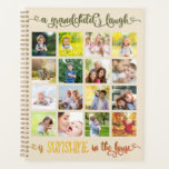 Devis pour grand-parent multi-photo pour grand-enf<br><div class="desc">Planificateur avec collage photo personnalisé sur la couverture avant, créé avec 16 de vos photos préférées. Le design comporte la citation "le rire d'un petit-enfant est ensoleillé dans la maison". Il est écrit en calligraphie ornée avec les coeurs d'amour et une palette de couleurs ombragées de vert olive à travers...</div>