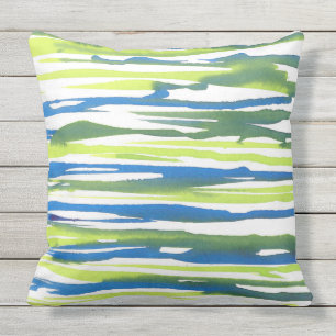 D'extérieur Aquarelle bleu vert Abstrait rayures Coussin