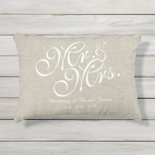 D'extérieur Beige White Linen M. et Mme Mariage Coussin