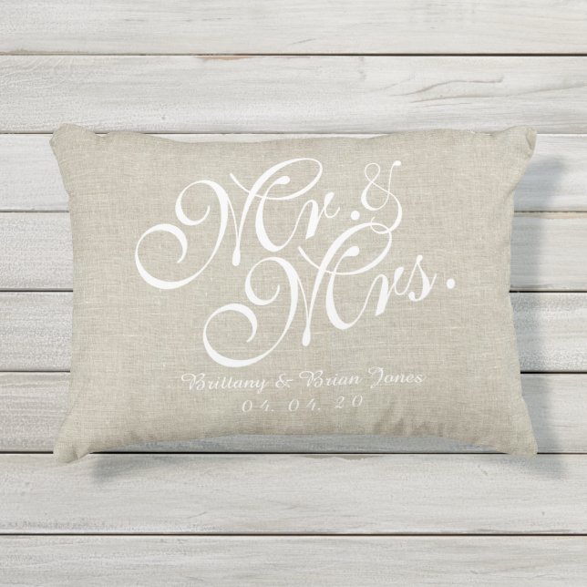 D'extérieur Beige White Linen M. et Mme Mariage Coussin (Devant)