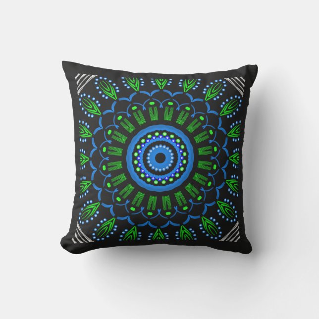 D'extérieur Coussin carré design Jimette bleu, vert et noir (Recto)