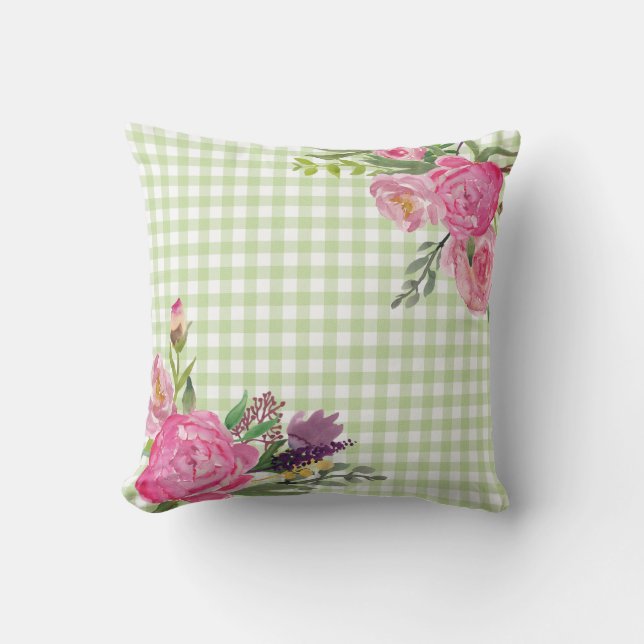 D'extérieur Coussin extérieur En vichy vert et pivoines roses (Recto)