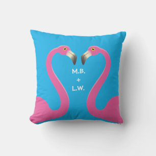 D'extérieur Monogramme Flamants roses de baiser Bleu Coussin e