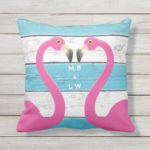 D'extérieur Monogramme Flamants roses de baiser Coussin Turquo