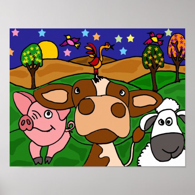 DH- Drôle Folk Art Barnyard Animaux Poster (Devant)