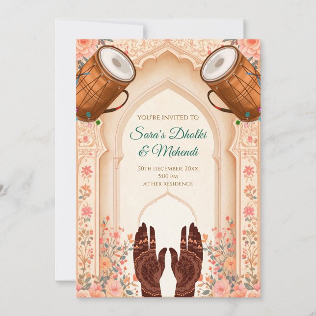 Dholki invite les invitations Mehndi, cartes Mehen (Devant)