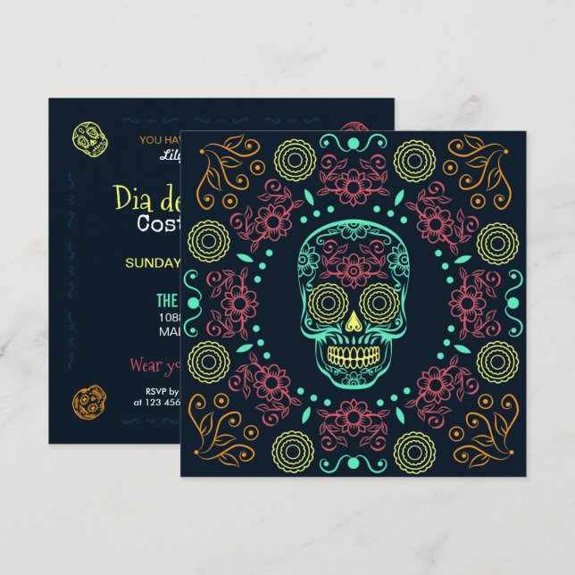 Dia de los Muertos Neon Crâne floral | Invitation (Devant / Derrière)